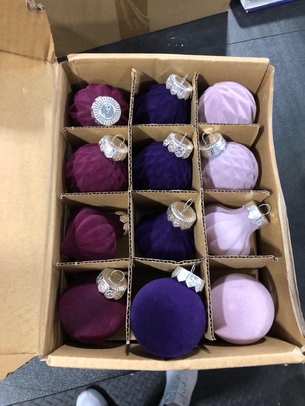 Photo 1 of 24 Pcs Velvet Christmas Ornaments Balls Bulk 2.36" Flocked Christmas Tree Ornaments Velvet Xmas Tree Hanging Ornaments for Holiday Home Decor (Purple, Pink, Light Pink)