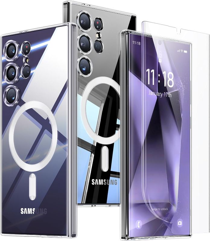 Photo 1 of 3 in 1 Magnetic for Samsung Galaxy S24 Ultra Case Crystal Clear [Compatible with MagSafe][No-Yellowing][2X Screen Protectors] Mil-Grade Shockproof Soft Phone Case for S24 Ultra 6.8" Clear 3 (pack) 