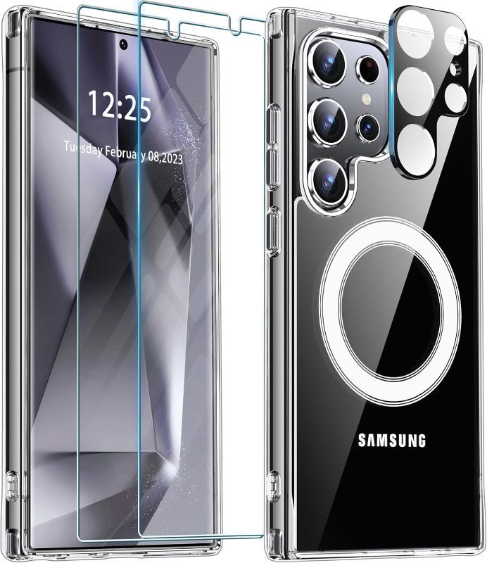 Photo 1 of 5 in 1  galaxy s24 ultra clear case for Samsung Galaxy S24 Ultra Case Clear, [Anti-Yellowing] S24 Ultra Case [with 2X Tempered Glass Screen Protector+1X Camera Lens Protector], Magnetic Phone Case for S24 Ultra (Clear)