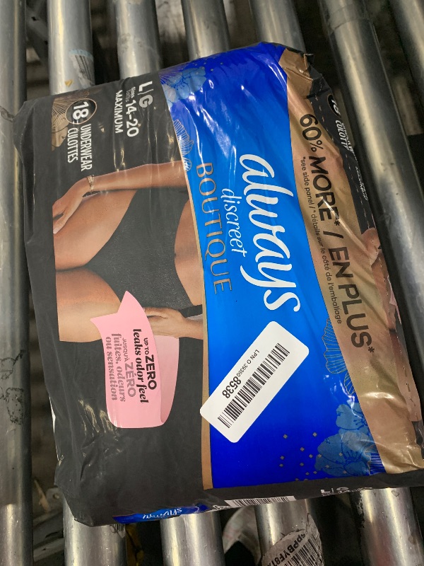 Photo 1 of Always Discreet Boutique Incontinence and Postpartum Underwear for Women, Maximum Protection, L, Black, 18 Count (Packaging May Vary)