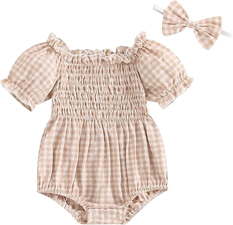 Photo 1 of  Baby Girl Summer Clothes Short Puff Sleeve Plaid Bubble Romper Smocked Frill Bodysuit with Headband 6-12MONTH, BOW ON FRONT.