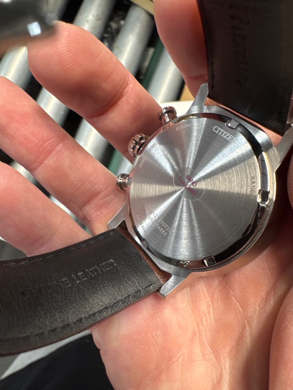 Photo 1 of (USED/FAIR) Citizen Men's Eco-Drive Weekender Brycen Chronograph Watch in Stainless Steel, Brown Preforated Leather Strap, Green Bezel, Time/Date, 3 Hand, Green Dial (Model:CA0851-05X)