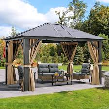 Photo 1 of ***INCOMPLETE MISSING 2 BOXES***Gazebo Hardtop Polycarbonate Outdoor Canopy with Netting and Shaded Curtains, Aluminum Frame Garden for Patio, Backyard, Deck and Lawns, Brown