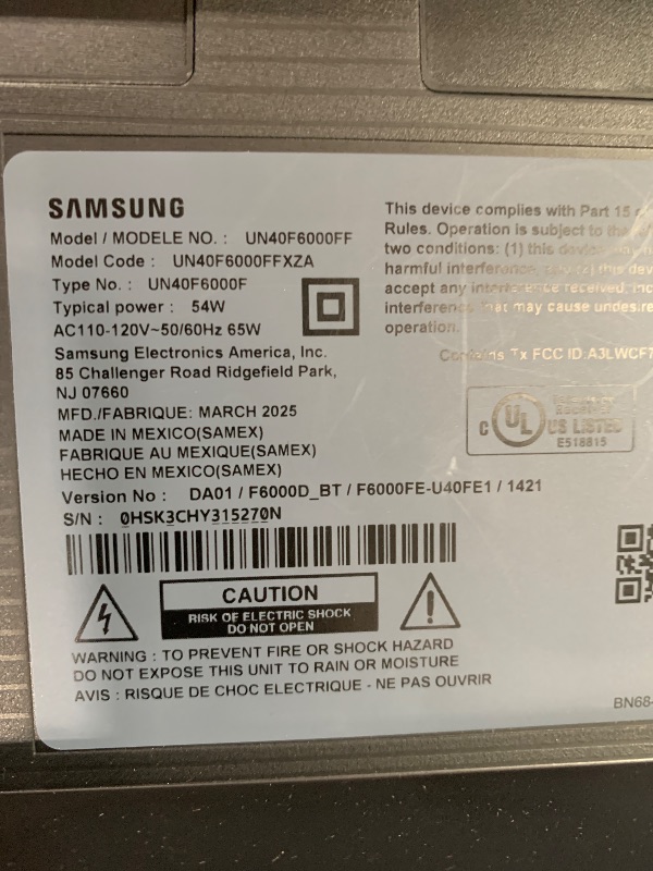 Photo 1 of ***SEE NOTES***
SAMSUNG 40-Inch Class Full HD F6000 Smart TV (2025 Model) HDR, Object Tracking Sound Lite, Knox Security, One UI Tizen, Smart TV