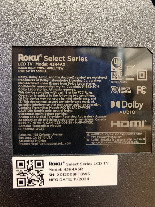Photo 1 of Roku Smart TV – 43-Inch Select Series 4K HDR RokuTV with Roku Enhanced Voice Remote, Brilliant 4K Picture, Automatic Brightness, & Seamless Streaming – Live Local News, Sports, Family Entertainment 