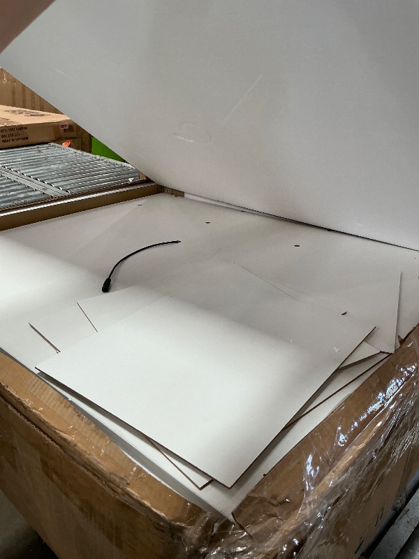 Photo 1 of (SOLD AS PARTS, MIRROR DAMAGE) LINSY Vanity with Glass Top, 48" Make Up Vanity Desk with Mirror and Lights, Modern Fluted Vanity with Storage, Drawers, Cabinet and Outlet, Large White Vanity Table for Bedroom, Women, Girls, White