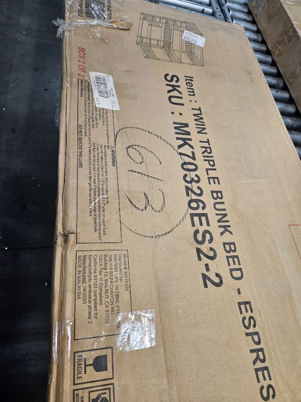 Photo 1 of ** only box # 2 missing box # 1 ** riple Twin Bunk Bed for Kids, Wood Detachable Bunk Beds with Guardrails & Ladders, Twin Over Twin Over Twin Bed Frame for Kids Girls Boys Teens, Espresso