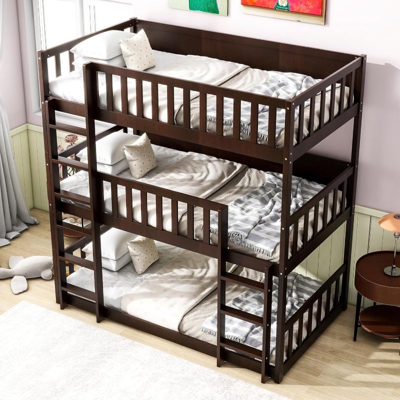 Photo 1 of ** Only box # 1 missing box # 2 **  Triple Twin Bunk Bed for Kids, Wood Detachable Bunk Beds with Guardrails & Ladders, Twin Over Twin Over Twin Bed Frame for Kids Girls Boys Teens.