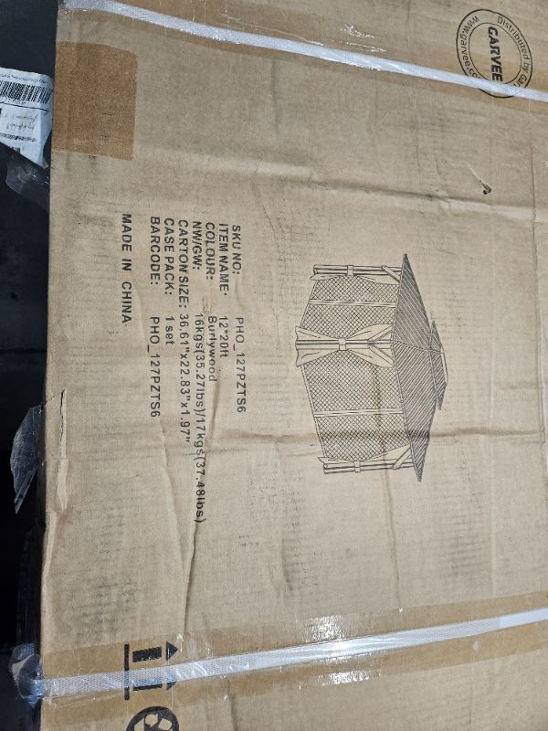 Photo 1 of ** Only box # 4 missing the rest of parts **  Garvee 12x20 Ft Hardtop Gazebo with Nettings and Curtains, Wood Grain Heavy Duty Double Roof Galvanized Steel Outdoor Combined of Vertical Stripes Roof for Patio, Backyard, Deck, Lawns, Khaki