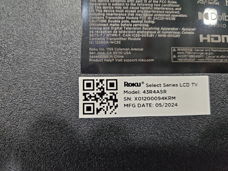 Photo 1 of ** Broken screen final sale ** Roku Smart TV – 43-Inch Select Series 4K HDR RokuTV with Roku Enhanced Voice Remote, Brilliant 4K Picture, Automatic Brightness, & Seamless Streaming – Live Local News, Sports, Family Entertainment