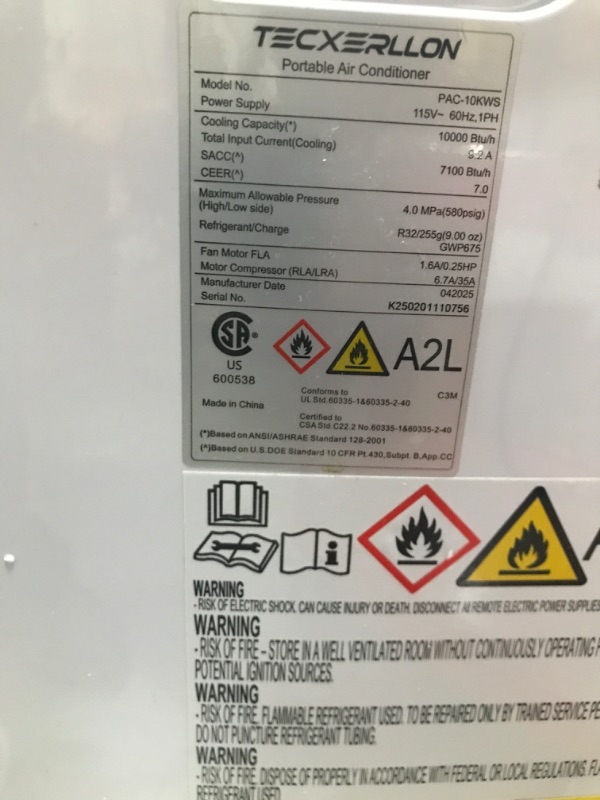 Photo 1 of **********DOES NOT BLOW COLD AIR, MISSING ACCESSORIES************
TECXERLLON 10000 BTU Portable Air Conditioners, 4-in-1 Portable Ac with Cooling, Dehumidifier, Fan & Sleep Modes, 2 Speeds, Auto Swing, Cools up to 480 Sq. Ft. for Home, Office, Garage