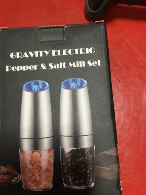 Photo 1 of **SEE CLERK NOTES** Rongyuxuan Gravity Electri Salt and Pepper Mill Set,Pepper Grinder with Ceramic Rotor,Acrylic Container,Stainless Steel Middle,Blue LED Light,Battery Powered,Adjustable Coarseness,One Hand Use,Sliver