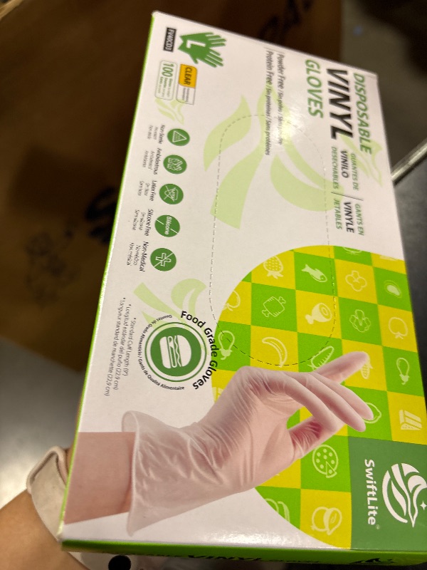 Photo 1 of SWIFTLITE Disposable Vinyl Gloves, Food Safe, Latex-Free Powder-Free Clear Plastic Gloves for Cooking, House Clean, Food Prep (100, Large)