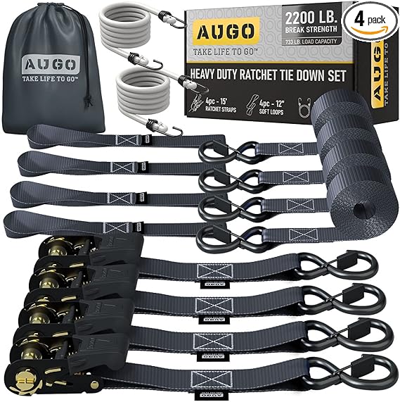 Photo 1 of AUGO Orange Straps Heavy Duty 4 Pack -15 FT - 2200 LB Break Strength – with Safety Lock S Hooks - Cargo Straps for Moving, Appliances, Motorcycle – Soft Loop Tie Downs
