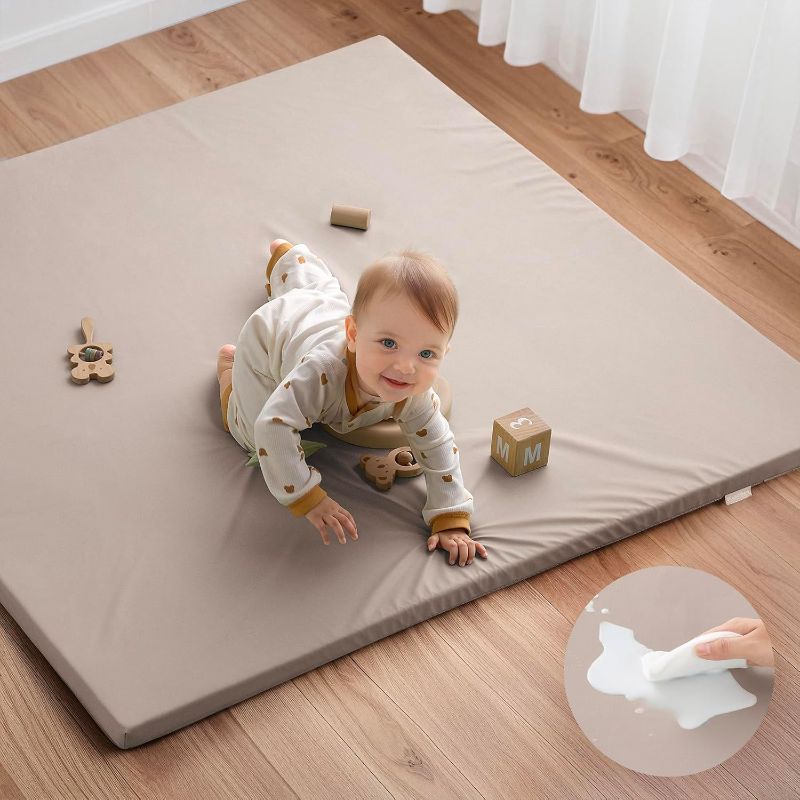 Photo 1 of Blissful Diary Vegan Leather Baby Play Mat, 50x50 Thicken Foam Cushioned & Waterproof Playpen Mat for Infants and Toddlers, Stylish and Just Wipe-Clean Playmat for Baby Play on Floor, Light GREY 