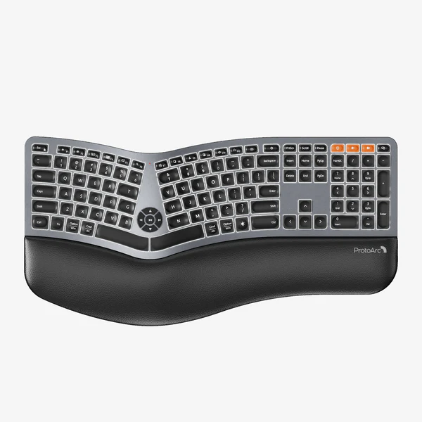 Photo 1 of ProtoArc Backlit Wireless Ergonomic Keyboard, EK01 Plus Full Size Ergo Keyboard with Wrist Rest, Split Design, Rechargeable, Bluetooth and USB, Natural Typing Compatible with Windows/Mac/Android Black