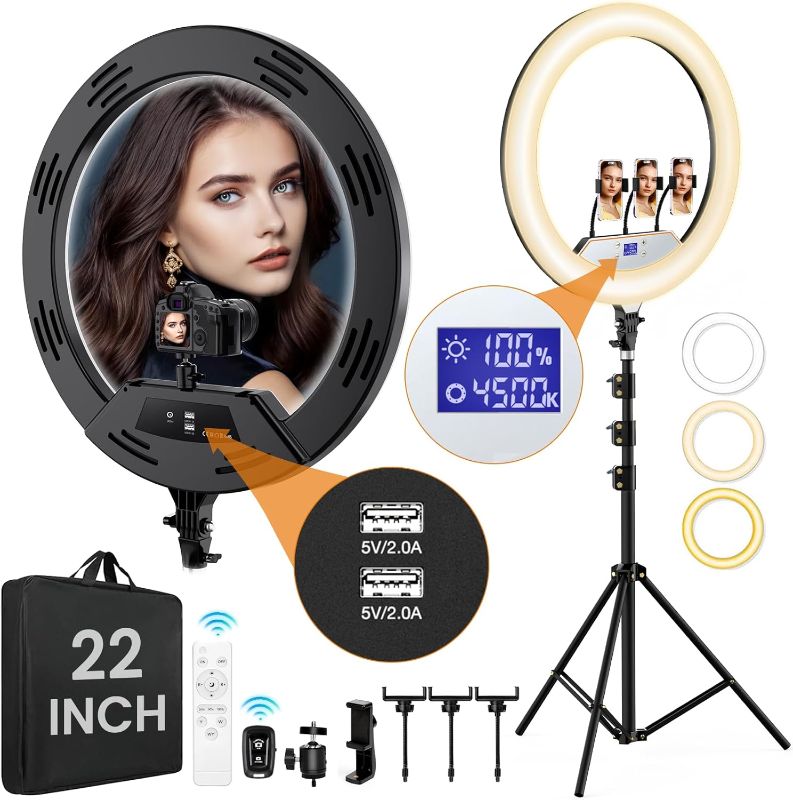 Photo 1 of  22in Large Ring Light with Stand,512pcs Bulbs Big Ring Light with 75" Tripod for iPhone/LED Display/4 Clips/2 USB Ports,2600K-6500K Dimmable Barber Light,for TikTok Video Recording Tattoo Lash Makeup 