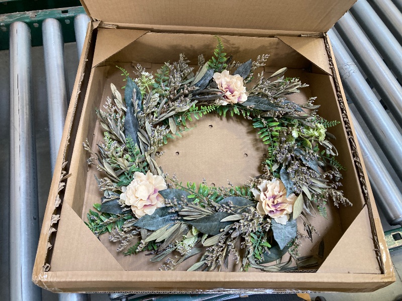 Photo 1 of 18 Inch Spring and Summer Wreath Decorations for Family Home Farmhouse Porch Decorations with Pink Roses, White Florets and Purple Lavender Wreath for All Indoor Outdoor Home Wedding Party Outdoor
