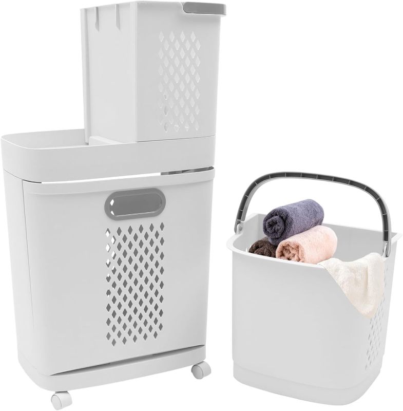 Photo 1 of  Laundry Hampers, Laundry Storage Basket with Wheels, Freestanding Clothes Basket for Clothes Toys in the Dorm and Family, PP Material,White 