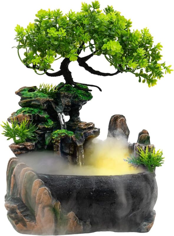 Photo 1 of  Waterfall Fountain Indoor with LED Lights & Atomizer,Resin Tabletop Water Fountain Water Fountains Indoor,Mini Waterfall for Office Bedroom 