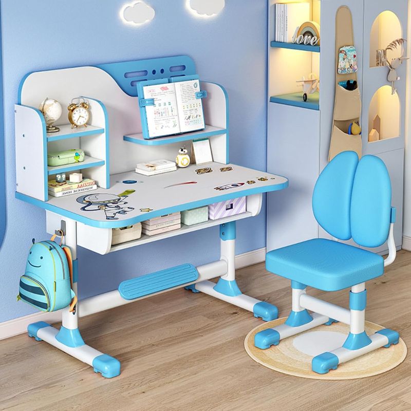 Photo 1 of  Kids Desk and Chair Set,Adjustable Girls School Writing Study Table,Ergonomic Desk Chair with Large Writing Board Pull Out Drawer Book Stand (Blue) 
