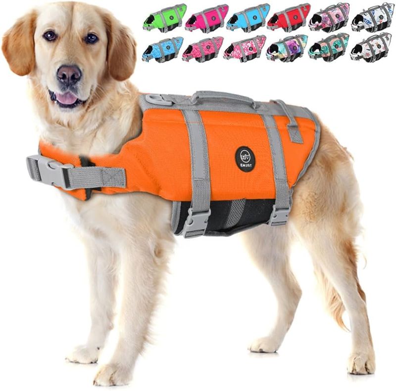 Photo 1 of  EMUST Dog Life Vests, Adjustable Dog Life Jacket with Rescue Handle, Dog Flotation Vest for Small/Medium/Large Dogs, SIZE L, NewOrange 