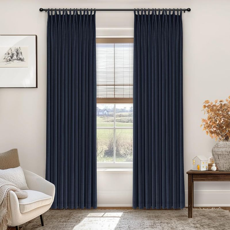 Photo 1 of INOVADAY Pinch Pleated Curtains, 100% Light Blocking Linen Pinch Pleat Blackout Curtains for Bedroom, Thermal Insulated Blackout Drapes 2 Panels Set for Living Room - NAVY BLUE, W40 x L120