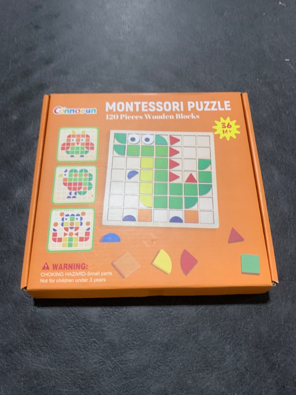 Photo 1 of 120 PCS Wooden Puzzle Blocks,Commodum Colorful Shape Pattern Montessori Tangram Educational Toys, Kindergarten Classic Educational Geometric Blocks with Cards Puzzles Toys Gifts for Kids Ages 3+
