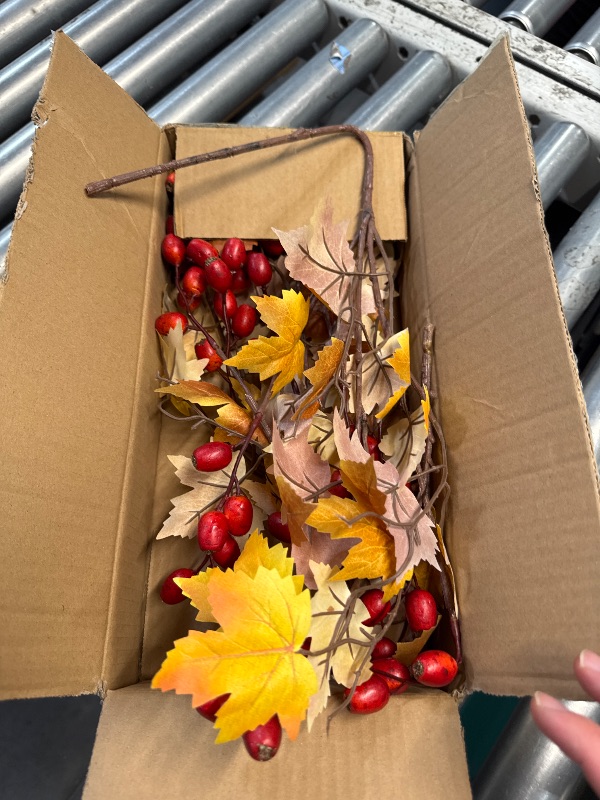 Photo 1 of (FAIR) Arborus 2PCS Artificial Stems Fake Berry Maple Leaves Spray, 26" Fall Leaves with Red Berries Faux Greenery Autumn Décor for Vase Farmhouse Kitchen Table Centerpiece Fall Decoration