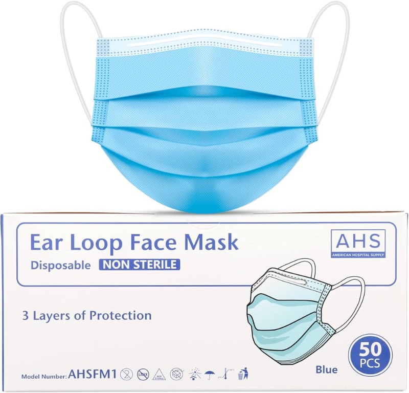 Photo 1 of *** photo stock for reference*** American Hospital Supply (AHS) Earloop Masks Disposable | Adult Face Covering | 3 Ply Disposable Face Mask (Box of 10) 8 packs 