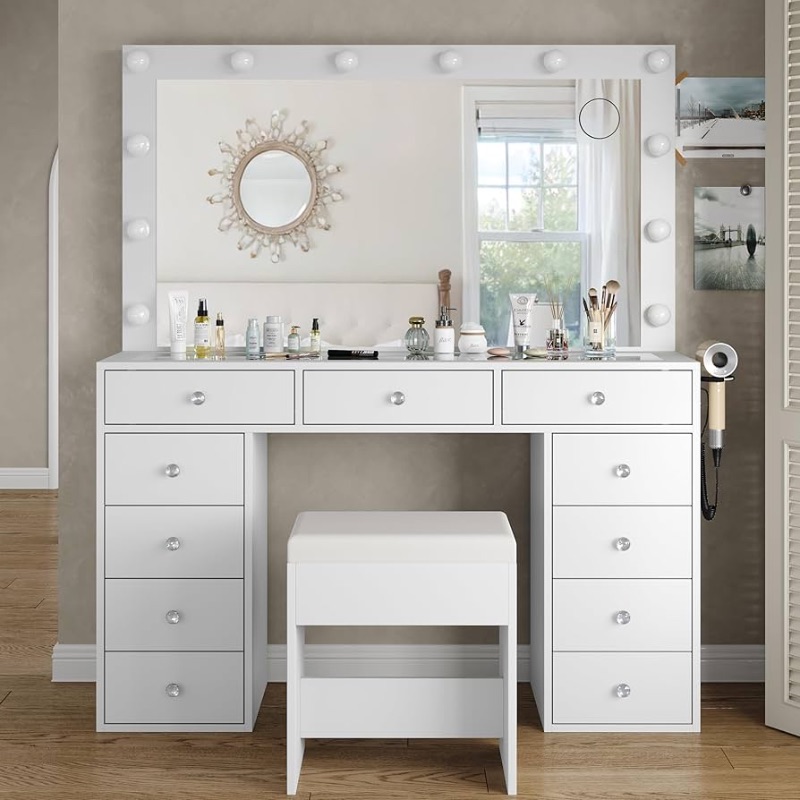 Photo 1 of ***** photo stock for reference***** Vanity Desk & Power Outl, Makeup Vanity with Mirror and 12 LED Lights, Makeup Table with 11 Drawers, Vanity Table with Chair,Set 3 Lighting Modes Brightness Adjustable-(White) partial set 1 out of 2
