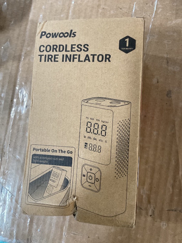 Photo 1 of (MISSING CHARGER) (PARTS) Powools Cordless Tire Inflator Portable Air Compressor - 150PSI Air Pump with Auto Shutoff Function for Car Tires, Inflatables, Motorcycle, Balls, Compact Bike Tire Pump with LED Light, Red, Large