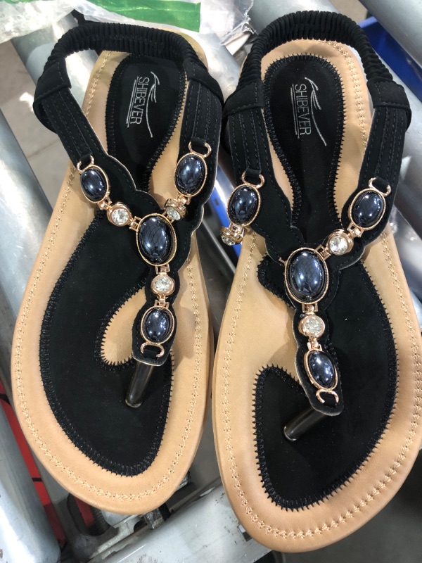 Photo 1 of (used)(damaged)SHIBEVER Flat Sandals for Women Dressy: Black Summer Comfort Slip on Dress Sandals - 8.5