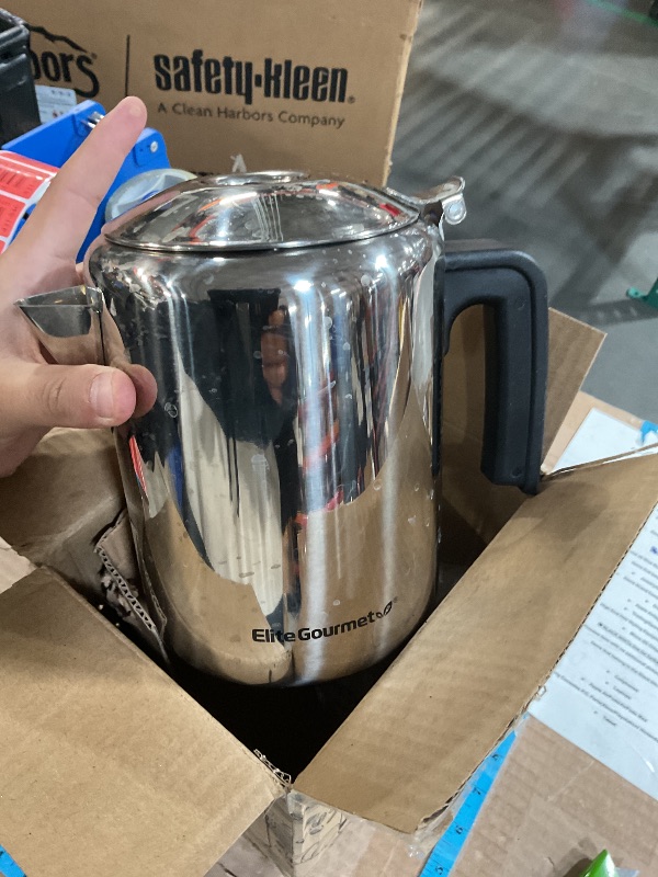 Photo 1 of Elite Gourmet EC008 Classic Stovetop Coffee Percolator, Glass Clear Brew Progress Knob, Cool-Touch Handle, Cordless Serve, 8-Cup, Stainless Steel