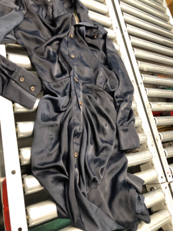 Photo 1 of **TIE WAS CUT OFF ON BOTH SIDES OF WAIST** BTFBM Women Long Sleeve Satin Dress 2025 Summer Spring Lapel V Neck Button Down Elegant Belted Ruched Maxi Shirt Dresses(Navy, X-Large)
