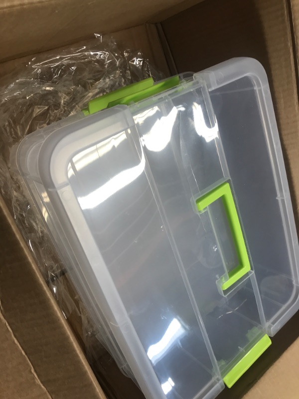 Photo 1 of (scratch on lid)
JUXYES 2-Tiers Stack Carry Storage Box With Handle, Transparent Stackable Storage Bin With Handle Lid Latching Storage Container for School & Office Supplies (Green)(scratch 