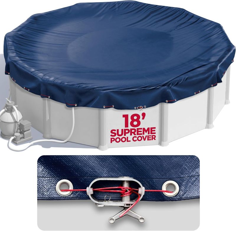 Photo 1 of 18 ft Round Pool Cover for Above Ground Pools, Above Ground Pool Cover, Swimming Pool Cover, Winter Pool Cover, Keeps Out Debris, Cold and UV Resistant, Supreme Mesh, Navy Blue
