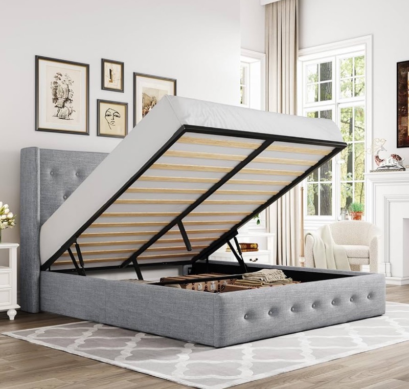 Photo 1 of ** similar image**Allewie FULL Size Velvet Lift Up Storage Bed Frame, Vertical Channel Tufted Headboard, Hydrualic Underneath Storage, Upholstered Platform Bed, Wooden Slats Support, No Box Spring Needed, White       