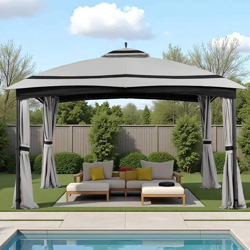Photo 1 of 11x13ft Gazebo for Patio, Gazebo with Curtains & Sandbags, Double Tier Roof Canopy for Garden, Deck, Backyard, Lawn (Grey)