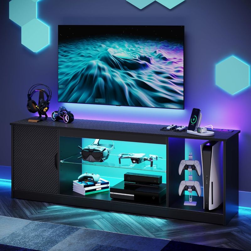 Photo 1 of ***similar***estier TV Stand with Power Outlets for Bedroom, Gaming TV Stand for 65inch TV, Black Entertainment Center for PS5, TV Console with Adjustable Glass Shelves for 