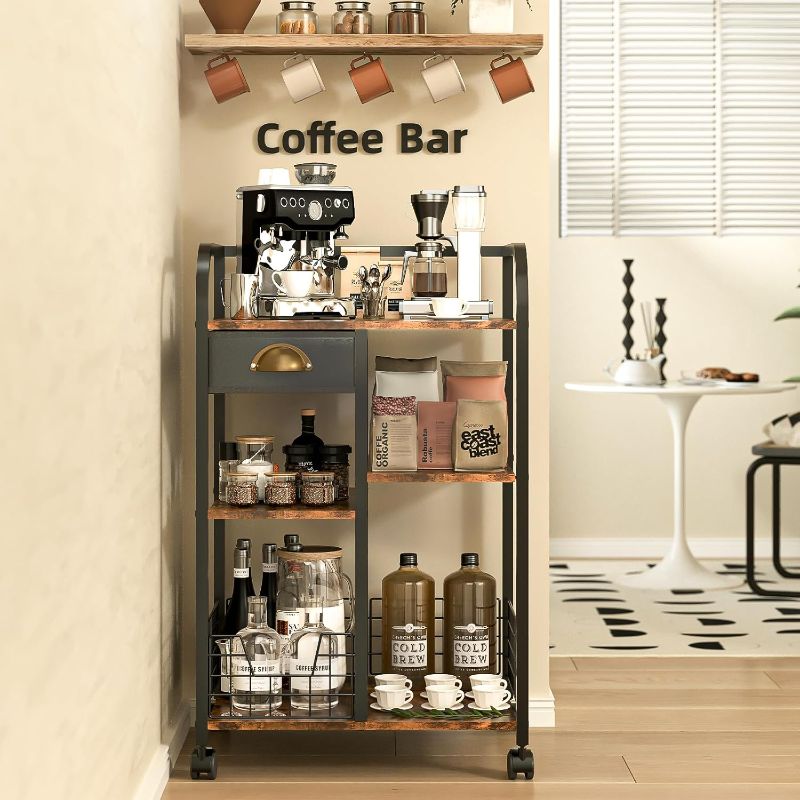 Photo 1 of ****similar***eomaisyto Coffee Cart with Storage Drawer, Coffee Bar Cabinet with Wheels, 4-Tier Adjustable Mobile Coffee Table, Rustic Wood Coffee Bar Station for Kitchen/Entrance/Living Room/Dining. 