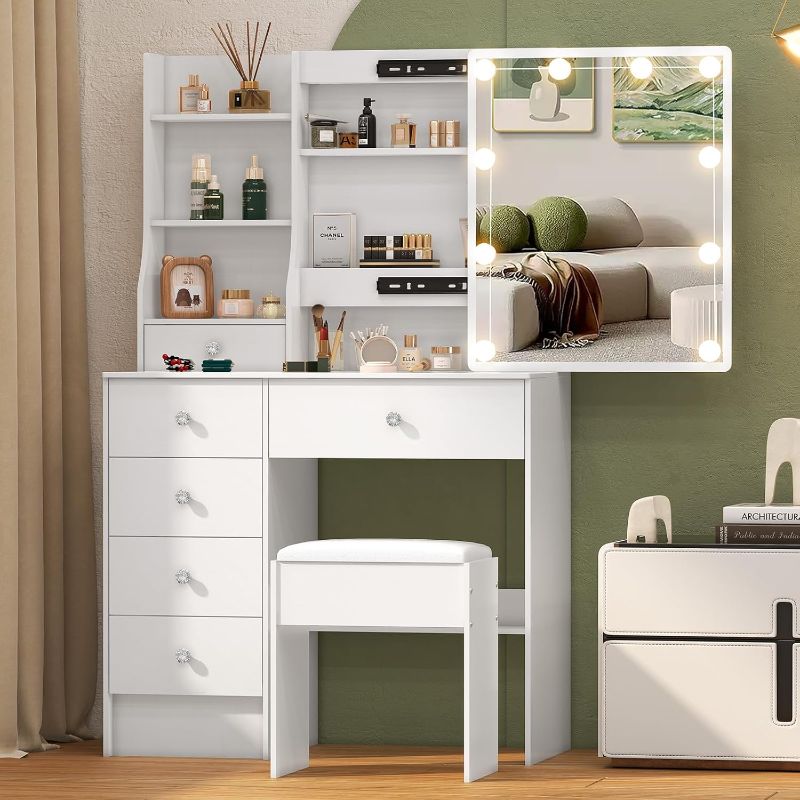 Photo 1 of ***similar***White Vanity Desk with Mirror and Lights,Small Makeup Vanity with 5 Drawers?Modern Makeup Table with Adjustable Cabinet for Bedroom,Makeup Room
