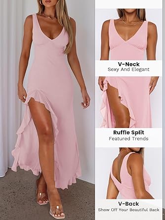 Photo 1 of ***similar***omen Sexy V Neck Sleeveless Mesh Ruffle Hem Bodycon Maxi Casual Backless High Slit Cocktail Party Dress