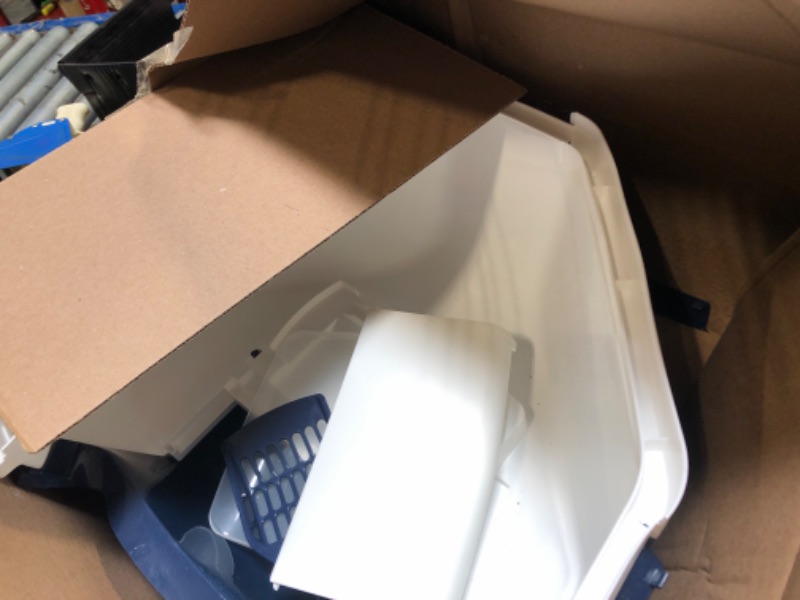 Photo 1 of ***MISSING PIECES**IRIS USA Corner Cat Litter Box Enclosure with Scoop, Small Cat Litter Box with Lid, Corner Litter Box Enclosure for Kittens to Medium Sized Cats, Odor Defensive Hooded Litter Tray, Navy/White