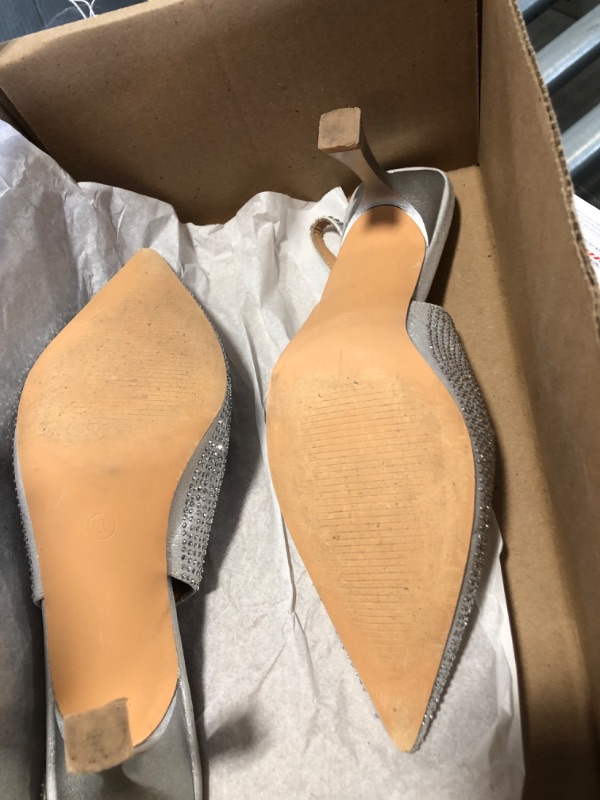 Photo 1 of SIZE 8 Trary Slingback Heels for Women - Pointed Toe Pumps - 3.2" High Heels - Slip On Rhinestone Glitter - Comfortable Party & Dressy Silver