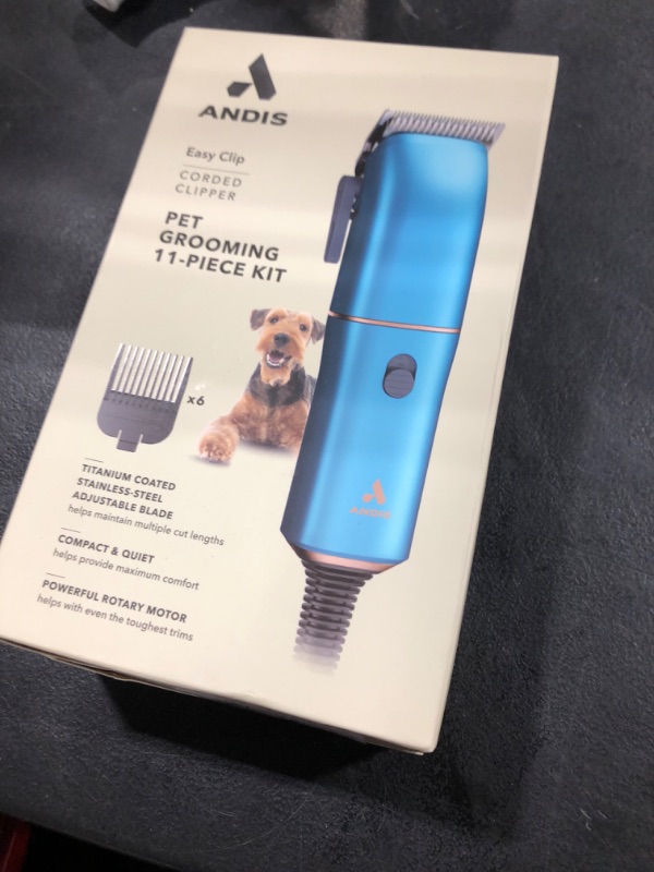 Photo 1 of Andis Easy Clip Adjustable Blade Corded Dog Clipper, 11 Piece Kit, Lightweight, Powerful Motor, Blue, 560814