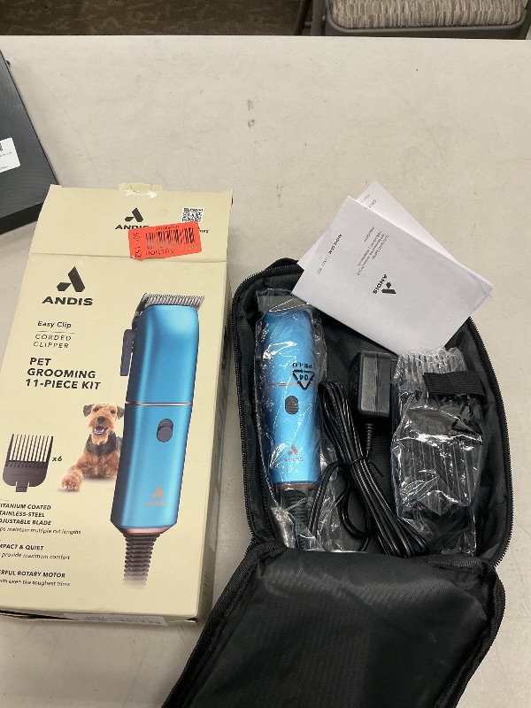 Photo 1 of Andis Easy Clip Adjustable Blade Corded Dog Clipper, 11 Piece Kit, Lightweight, Powerful Motor, Blue, 560814