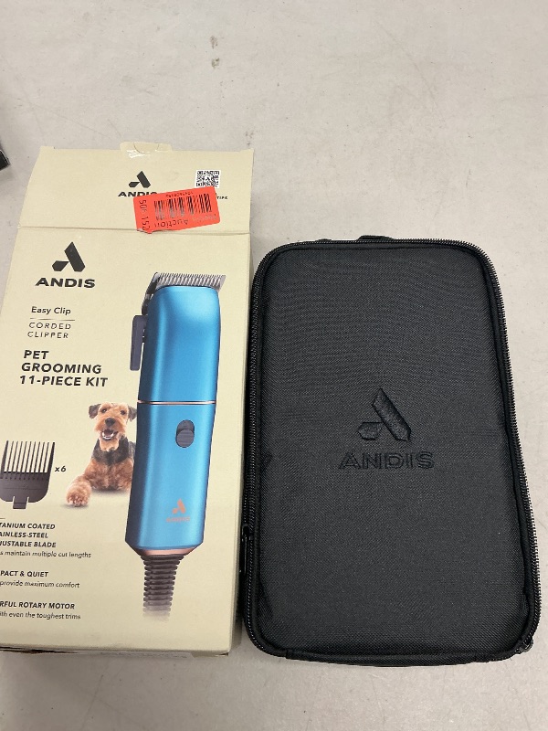 Photo 1 of Andis Easy Clip Adjustable Blade Corded Dog Clipper, 11 Piece Kit, Lightweight, Powerful Motor, Blue, 560814