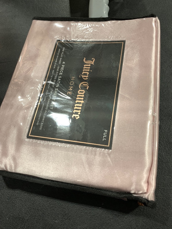 Photo 1 of Juicy Couture Full Size Silk Satin Bed Sheet Set, Deep Pocket Silky Full Sheet Set with 1 Fitted Sheet, 1 Flat Sheet and 2 Pillow Case, Wrinkle Resistant and Anti Pilling Bed Sheets - Pink