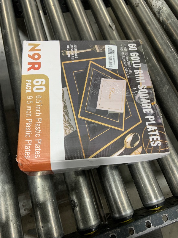 Photo 1 of N9R 60 Pack Black Square Plastic Plates with Gold Rim Include 30 Disposable Dinner Plates 9.5 Inch and 30 Dessert Plate 6.5 Inch, Fancy Plate for Party, Wedding, Halloween and Daily Use